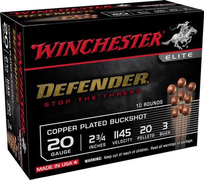 20GA 2.75` 20 PELLETS 1145 FPS COPPER-PLATED 3 BUCK SHOT DEFENDER 10 BX