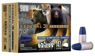 9MM LUGER +P 147GR SOLID CORE SYNTECH JACKET LEAD FN 20RD