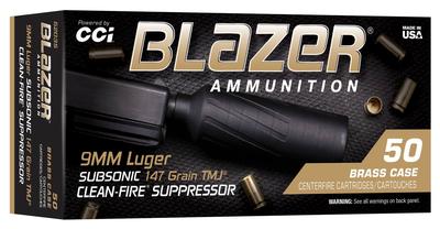 9mm 147GR Total Metal Jacket Subsonic Blazer Brass 50RD